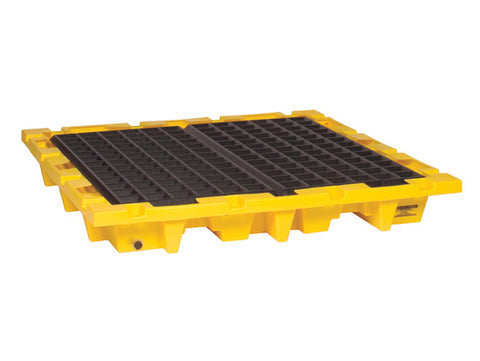 Eagle 1646 58 1/2" X 58 1/2" X 7 3/4" Yellow HDPE 4-Drum Nestable Containment Pallet With 66 Gallon Spill Capacity And Drain (1/EA)