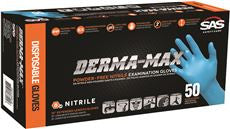 SAS SAFETY 6606-40 DERMA-MAX DISPOSABLE POWDER-FREE NITRILE GLOVES, SMALL, BLUE, 8 MIL (50 PER BOX, 1 BOX)