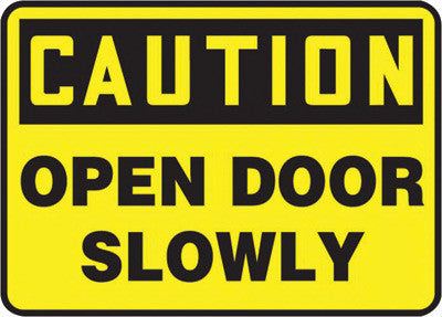 Accuform Signs MABR603VS 7'' X 10'' Black And Yellow 4 mils Adhesive Vinyl Admittance And Exit Sign ''CAUTION OPEN DOOR SLOWLY'' (1/EA)