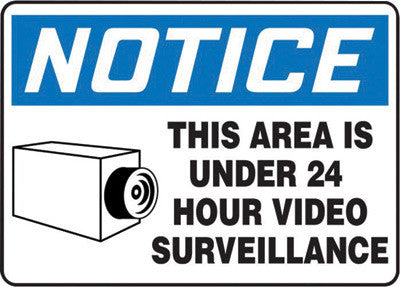 Accuform Signs MASE807VS 10'' X 14'' Black, Blue And White 4 mils Adhesive Vinyl Admittance And Exit Sign ''NOTICE THIS AREA IS UNDER 24 HOUR VIDEO SURVEILLANCE'' (1/EA)