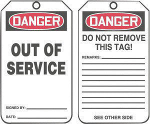 Accuform Signs MDT246CTP 5 3/4'' X 3 1/4'' Red, Black And White 10 mil PF-Cardstock English Safety Tag ''DANGER OUT OF SERVICE/DANGER DO NOT REMOVE THIS TAG! REMARKS …'' With 3/8'' Plain Hole And Standard Back B (25 Per Pack) (1 Pack)