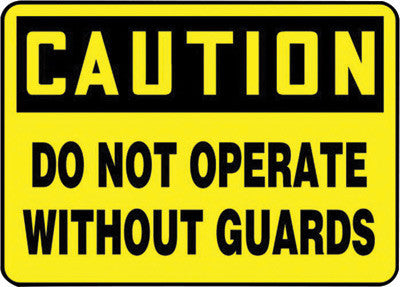 Accuform Signs MEQC721VP 10'' X 14'' Black And Yellow 0.055'' Plastic Equipment Sign ''CAUTION DO NOT OPERATE WITHOUT GUARDS'' With 3/16'' Mounting Hole And Round Corner (1/EA)