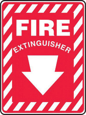 Accuform Signs MFXG908VS 14'' X 10'' White And Red 4 mils Adhesive Vinyl Fire And Emergency Sign ''FIRE EXTINGUISHER (With Arrow)'' (1/EA)