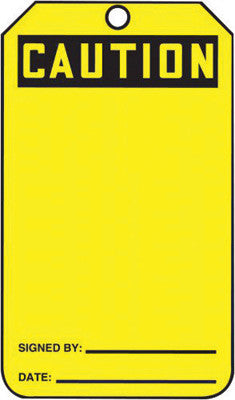 Accuform Signs MGT200LTP 5 3/4'' X 3 1/4'' Black And Yellow HS-Laminate Accident Prevention Blank Tag ''CAUTION'' With Pull-Proof Metal Grommeted 3/8'' Reinforced Hole And OSHA Header (25 Per Pack) (1 Pack)