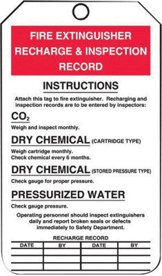 Accuform Signs MGT208PTP 5 3/4'' X 3 1/4'' Red, Black And White 15 mil RP-Plastic English Fire Inspection Tag ''FIRE EXTINGUISHER RECHARGE AND INSPECTION RECORD'' With Metal Grommeted 3/8'' Reinforced Hole (25 Per Pack) (1 Pack)