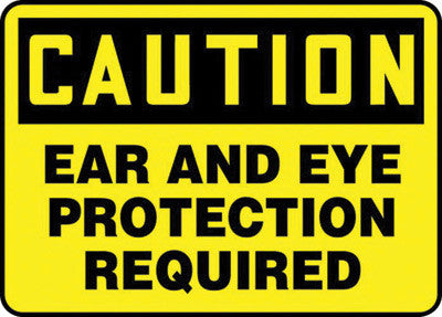 Accuform Signs MPPE436VS 7'' X 10'' Black And Yellow 4 mils Adhesive Vinyl PPE Sign ''CAUTION EAR AND EYE PROTECTION REQUIRED'' (1/EA)