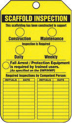 Accuform Signs TRS318CTP 5 3/4'' X 3 1/4'' Yellow And Black 10 mil PF-Cardstock Two Sided Scaffold Status Tag ''SCAFFOLD INSPECTION THIS SCAFFOLDING HAS BEEN CONSTRUCTED TO SUPPORT'' With 3/8'' Plain Hole (25 Per Pack) (1 Pack)