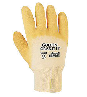 Ansell 216580 Size 10 Golden Grab-It II Heavy Duty Multi-Purpose Cut Resistant Yellow Natural Rubber Palm Coated Work Gloves With Jersey Knit Liner And Knit Wrist (1/PR)