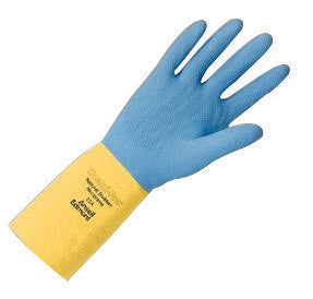 Ansell 224-7 Size 7 Blue Over Yellow Chemi-Pro 13" Cotton Flock Lined 27 mil Unsupported Neoprene Natural Rubber Latex Heavy Duty Chemical Resistant Gloves With Recessed Diamond Embossed Finish And Pinked Cuff (1/PR)
