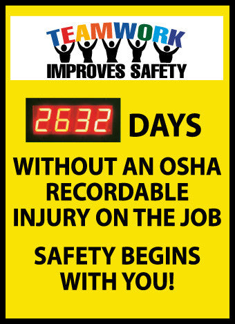 NMC DSB58-DIGITAL SCOREBOARD, TEAMWORK IMPROVES SAFETY, XXX DAYS WITHOUT AN OSHA RECORDABLE INJURY ON THE JOB SAFETY BEGINS WITH YOU, 28X20, .085 STYRENE (1 EACH)