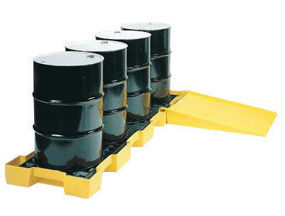 Eagle 1647 103 1/2" X 26 1/4" X 6 1/2" Yellow HDPE 4-Drum In-Line Spill Containment Platform With 60.5 Gallon Spill Capacity Without Drain (1/EA)