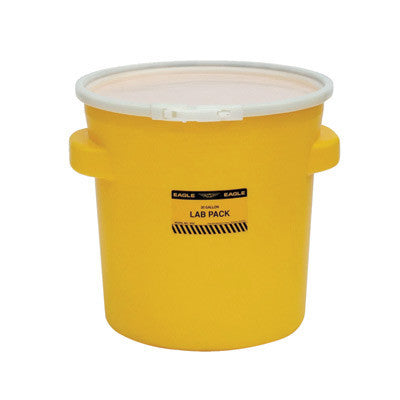 Eagle 1652 20 7/8" Top Dia X 16 11/16" Bottom Dia X 20 7/8" Haz-Mat Yellow HDPE Containment Lab Pack Drum With 20 Gallon Spill Capacity And Plastic Lever-Lock Lid (1/EA)