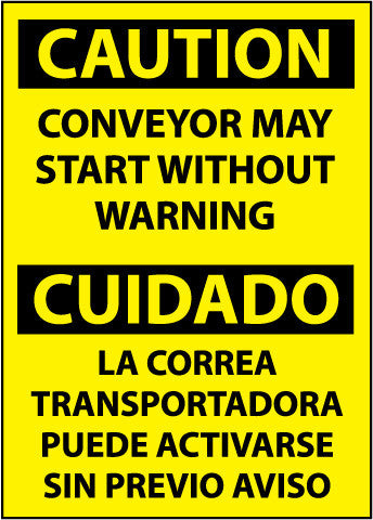 NMC ESC130RB-CAUTION, CONVEYOR MAY START WITHOUT WARNING BILINGUAL, 14X10, RIGID PLASTIC (1 EACH)