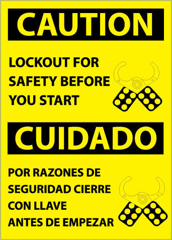 NMC ESC177PB-CAUTION, LOCKOUT FOR SAFETY BEFORE YOU START (BILINGUAL), 14X10, PS VINYL (1 EACH)