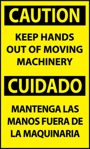 NMC ESC622AP-CAUTION, KEEP HANDS OUT OF MOVING MACHINERY BILINGUAL, 5X3, PS VINYL (PAK OF 5)