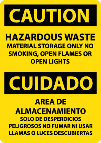 NMC ESC706RB-CAUTION, HAZARDOUS WASTE MATERIAL STORAGE ONLY NO SMOKING, OPEN FLAMES OR OPEN LIGHTS, BILINGUAL, 14X10, RIGID PLASTIC (1 EACH)