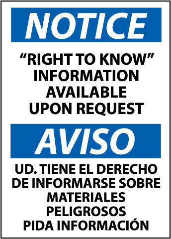 NMC ESN153PB-NOTICE, RIGHT TO KNOW INFORMATION AVAILABLE UPON REQUEST (BILINGUAL), 14X10, PS VINYL (1 EACH)