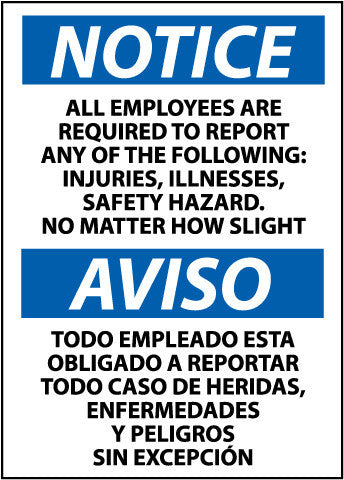 NMC ESN367RB-NOTICE, ALL EMPLOYEES ARE REQUIRED TO REPORT..(BILINGUAL), 14X10, RIGID PLASTIC (1 EACH)