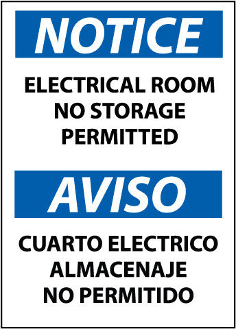 NMC ESN368RB-NOTICE, ELECTRICAL ROOM NO STORAGE PERMITTED BILINGUAL, 14X10, RIGID PLASTIC (1 EACH)