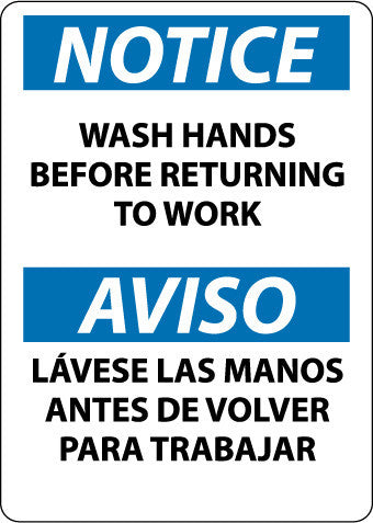 NMC ESN371RB-NOTICE, WASH HANDS BEFORE RETURNING TO WORK, BILINGUAL, 14X10, RIGID PLASTIC (1 EACH)