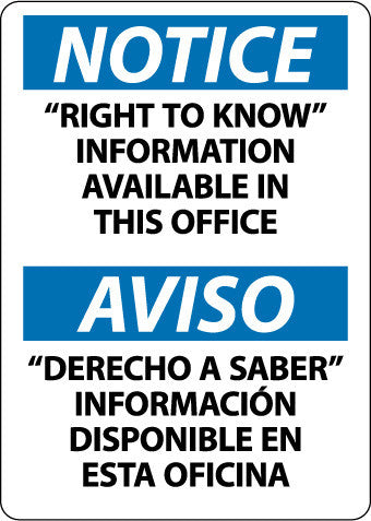NMC ESN379AB-NOTICE, ''RIGHT TO KNOW'' INFORMATION AVAILABLE IN THIS OFFICE, BILINGUAL, 14X10, .040 ALUM (1 EACH)