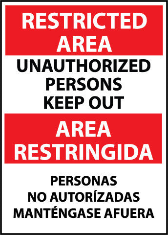 NMC ESRA29RB-RESTRICTED AREA, UNAUTHORIZED PERSONS KEEP OUT BILINGUAL, 14X10, RIGID PLASTIC (1 EACH)