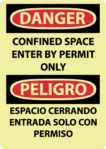 NMC GESD101RB-DANGER, CONFINED SPACE ENTER BY PERMIT ONLY, BILINGUAL, 14X10, GLO RIGID PLASTIC (1 EACH)