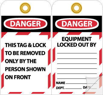 NMC JMTAG1-TAGS, DANGER EQUIPMENT LOCKED OUT BY. . ., 7 3/8X4, HVY PAPER SELF LAMINATING (PAK OF 10)