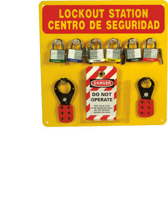 NMC LOB1YBI-LOCKOUT CENTER, BILINGUAL, RED/YELLOW, BACKBOARD WITH HOOKS AND SUPPLIES, 14X14 (1 EACH)