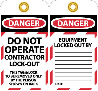 NMC LOTAG32-TAGS, LOCKOUT, DANGER, DO NOT OPERATE CONTRACTOR LOCK-OUT, 6X3, UNRIP VINYL, 10 PK (PAK OF 10)