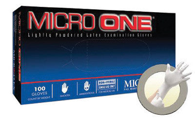 Microflex MO150-L Large White 9.645" Micro One 5.5 mil Latex Ambidextrous Non-Sterile Medical Grade Lightly Powdered Disposable Gloves With Smooth Finish And Standard Examination Beaded Cuff (100 Each Per Box) (1/BX)