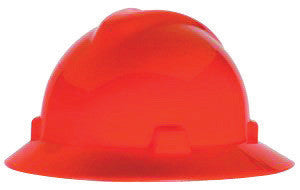 MSA 10021292 Hi-Viz Orange Class E Type I V-Gard Polyethylene Slotted Style Hard Hat With Fas-Trac Ratchet Suspension (1/EA)