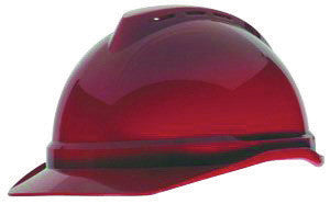 MSA 10034022 Red Class C Type I V-Gard 500 Polyethylene Vented Style Hard Cap With 4-Point Fas-Trac Ratchet Suspension (1/EA)