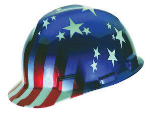 MSA 10052945 Class E Type I V-Gard Freedom Series Polyethylene Hard Cap With Fas-Trac Ratchet Suspension And American Stars And Stripes (1/EA)