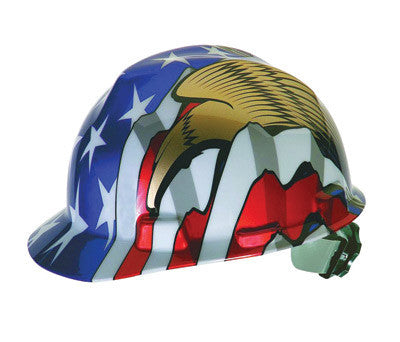 MSA 10052947 Class E Type I V-Gard Freedom Series Polyethylene Hard Cap With 4-Point Fas-Trac Ratchet Suspension And American Flag And 2 Eagles (1/EA)