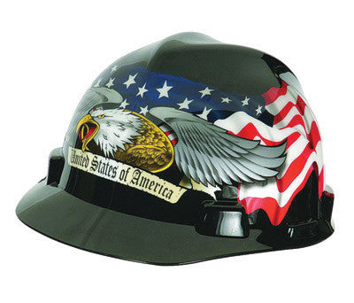 MSA 10079479 Black, Red And White Class E Type I V-Gard Freedom Series Polyethylene Hard Cap With 4-Point Fas-Trac Ratchet Suspension And Eagle, United States Of America And Flowing US Flags On Front (1/EA)