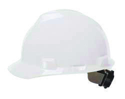 MSA 475358 White Class E Type I V-Gard Polyethylene Slotted Style Hard Cap With 4-Point Fas-Trac Ratchet Suspension (1/EA)