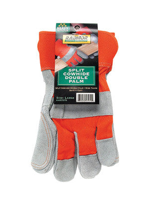 Radnor 64057979 Large Premium Select Shoulder Grade Split Leather Palm Gloves With Orange Rubberized Safety Cuff, Heavy Orange Canvas Back And Double Leather On Palm, Index Finger And Thumb (1 PAIR)