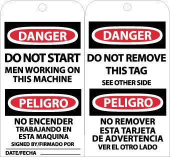 NMC RPT104G-TAGS, DO NOT START MEN WORKING (BILINGUAL), 6X3, UNRIP VINYL W/ GROMMET (PAK OF 25)