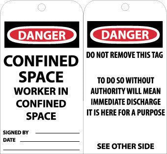 NMC RPT127G-TAGS, CONFINED SPACE WORKER IN CONFINED SPACE, 6X3, .015 MIL UNRIP VINYL, 25 PK W/ GROMMET (PAK OF 25)