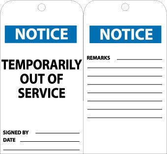 NMC RPT148G-TAGS, TEMPORARILY OUT OF SERVICE, 6X3, .015 MIL UNRIP VINYL, 25 PK W/ GROMMET (PAK OF 25)
