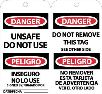 NMC RPT154G-TAGS, UNSAFE DO NOT USE BILINGUAL, 6X3, .015 MIL UNRIP VINYL, 25 PK W/ GROMMET (PAK OF 25)