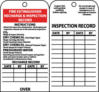 NMC RPT26G-TAGS, FIRE EXTINGUISER RECHARGE AND INSPECT., 6X3, UNRIP VINYL W/ GROMMET (PAK OF 25)