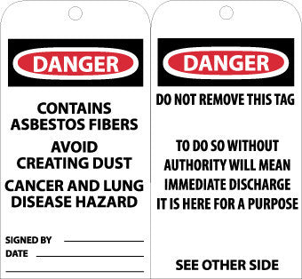 NMC RPT39G-TAGS, DANGER CONTAINS ASBESTOS FIBER. . ., 6X3, UNRIP VINYL W/ GROMMET (PAK OF 25)