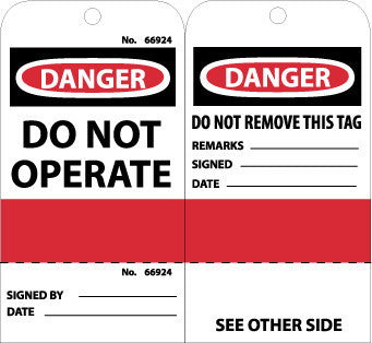 NMC RPT499-TAGS, DANGER DO NOT OPERATE, GROMMET, (PERFERATED/SEQUENTIAL NUMBER), 6X3, UNRIP VINYL (PAK OF 25)
