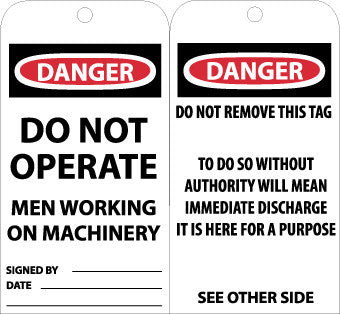 NMC RPT4G-TAGS, DANGER DO NOT OPERATE MEN WORKING. . ., 6X3, UNRIP VINYL W/ GROMMET (PAK OF 25)