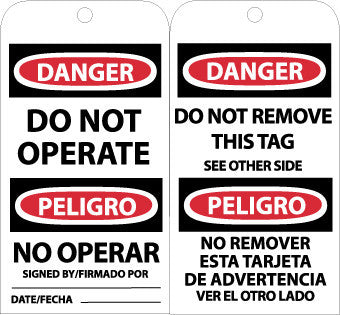 NMC RPT90G-TAGS, DANGER DO NOT OPERATE (BILINGUAL), 6X3, UNRIP VINYL W/ GROMMET (PAK OF 25)