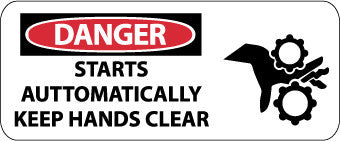 NMC SA157R-DANGER, STARTS AUTOMATICALLY KEEP HANDS CLEAR (W/GRAPHIC), 7X17, RIGID PLASTIC (1 EACH)