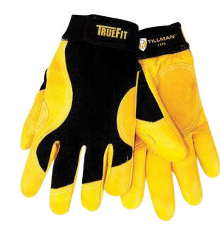 Tillman 1475M Medium Black And Gold TrueFit Full Finger Top Grain Cowhide Premium Mechanics Gloves With Elastic Cuff, Double Leather Palm, Reinforced Thumb And Smooth Surface Fingers (1/PR)