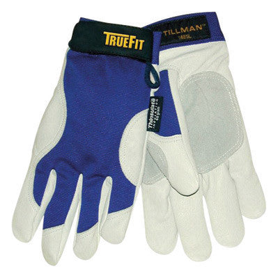 Tillman 1485L Large Blue And Gray TrueFit Top Grain Pigskin And Nylon Thinsulate Lined Cold Weather Gloves With Reinforced Thumb, Elastic Cuff, Hook And Loop Closure, Rough Side Out Double Palm And Spandex Back (1/PR)